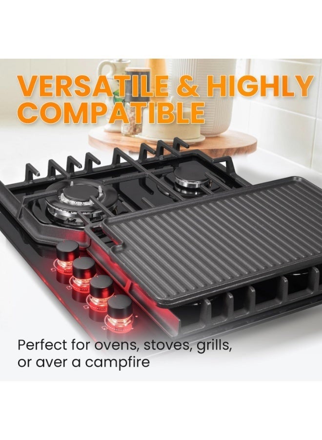WALALLA Reversible Grill/Griddle with Handles, 46x26cm Pre-Seasoned Cast Iron Griddle,Non-Stick Family Pan Cookware, Flat Top Plate for Stove,Oven,BBQ, Gas Grill - Image 3